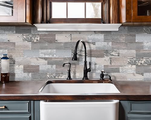 Miniatura 3 de DEWOO 20 hojas de azulejos de pared autoadhesivos estilo rustico para despegar y pegar para cocina estilo granja, aspecto de madera sintética (34.3