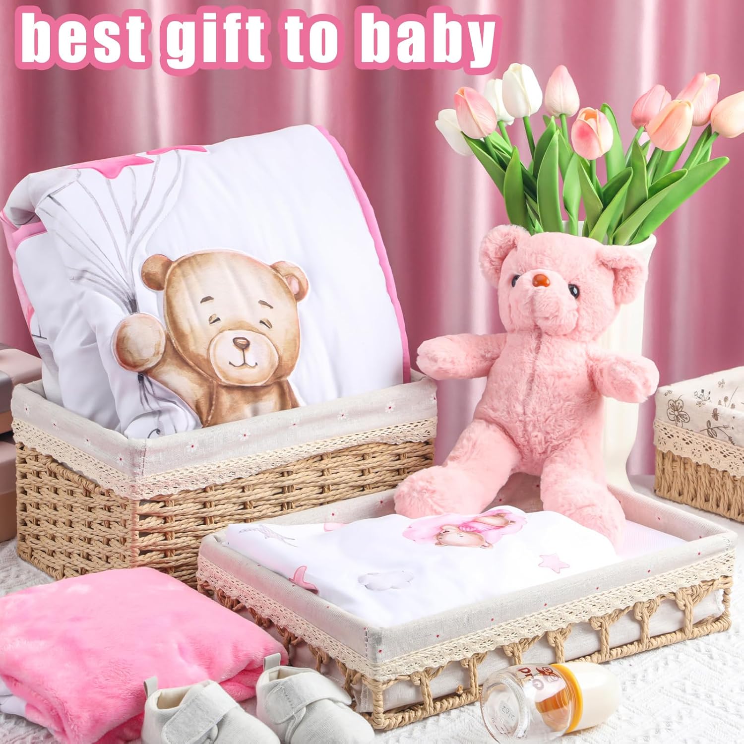 Mixweer 5 Pcs Crib Bedding Set for Toddlers Include Cloud Balloon Bear Theme Crib Sheets, Skirt, Comforter, Pad Cover, Wall Stickers for Boys or Girls Nursery Bedding Sets(Pink)