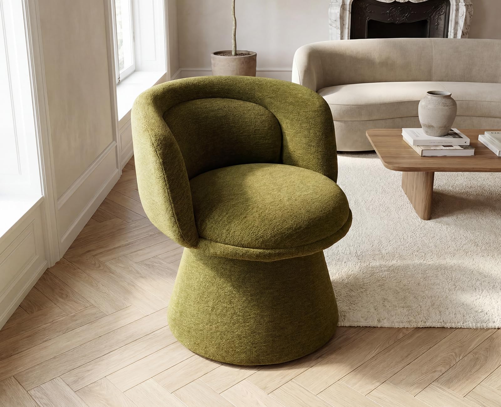 Poltrona Rétro Girevole in Ciniglia per Soggiorno, Verde | Sedia Camera da Letto con Seduta Imbottita, Schienale Curvo, Gambe in Metallo, Ideale per Sala da Pranzo/Casa