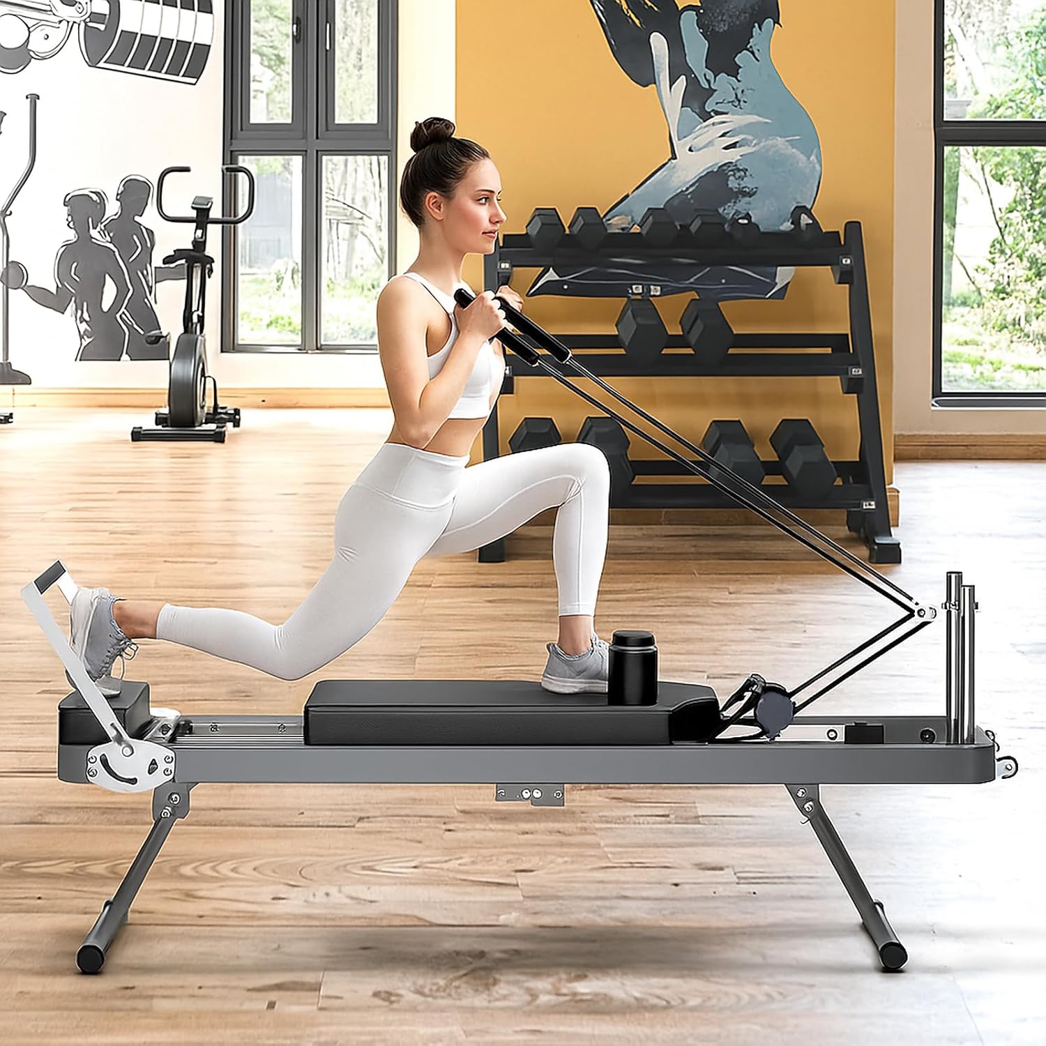 XL Foldable Pilates Reformer with Dynamic Resistance Cords and Aerobic Rebounder, 400lbs Capacity Home Gym Equipment, Multi-Functional Full-Body Workout Machine, Up to 6'9" Height Friendly, (Black)