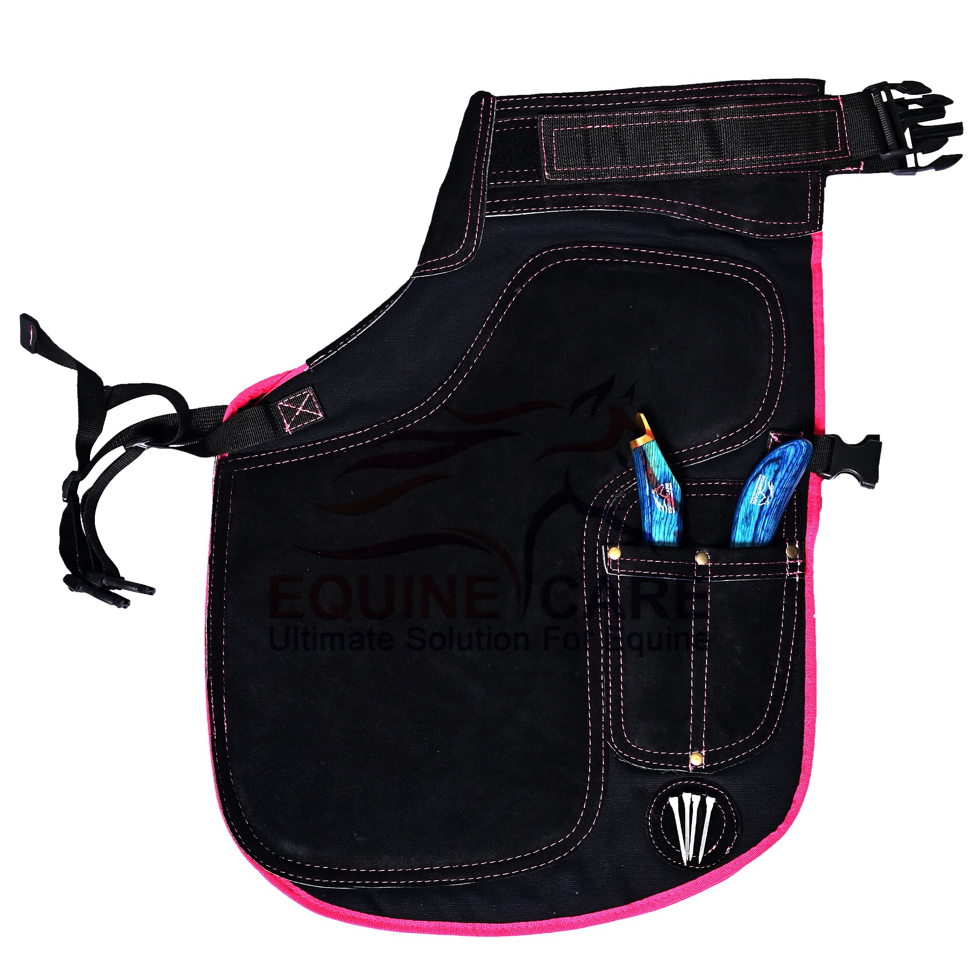Equine Care Tablier de maréchal pour femme – Cuir de vachette et toile – 4 poches pour couteau à sabot, 2 aimants, support dorsal, taille réglable de 71,1 à 132,1 cm – Outils de maréchal pour