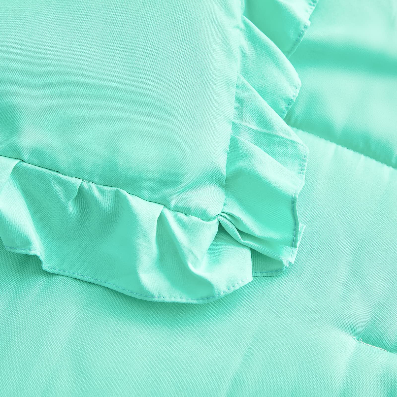 Juego de ropa de cama de 4 piezas para niños pequeños, color verde azulado, con flecos de volantes, color liso, 1 edredón para niños pequeños, 1 sábana bajera, 1 sábana encimera y 1 funda de almohada