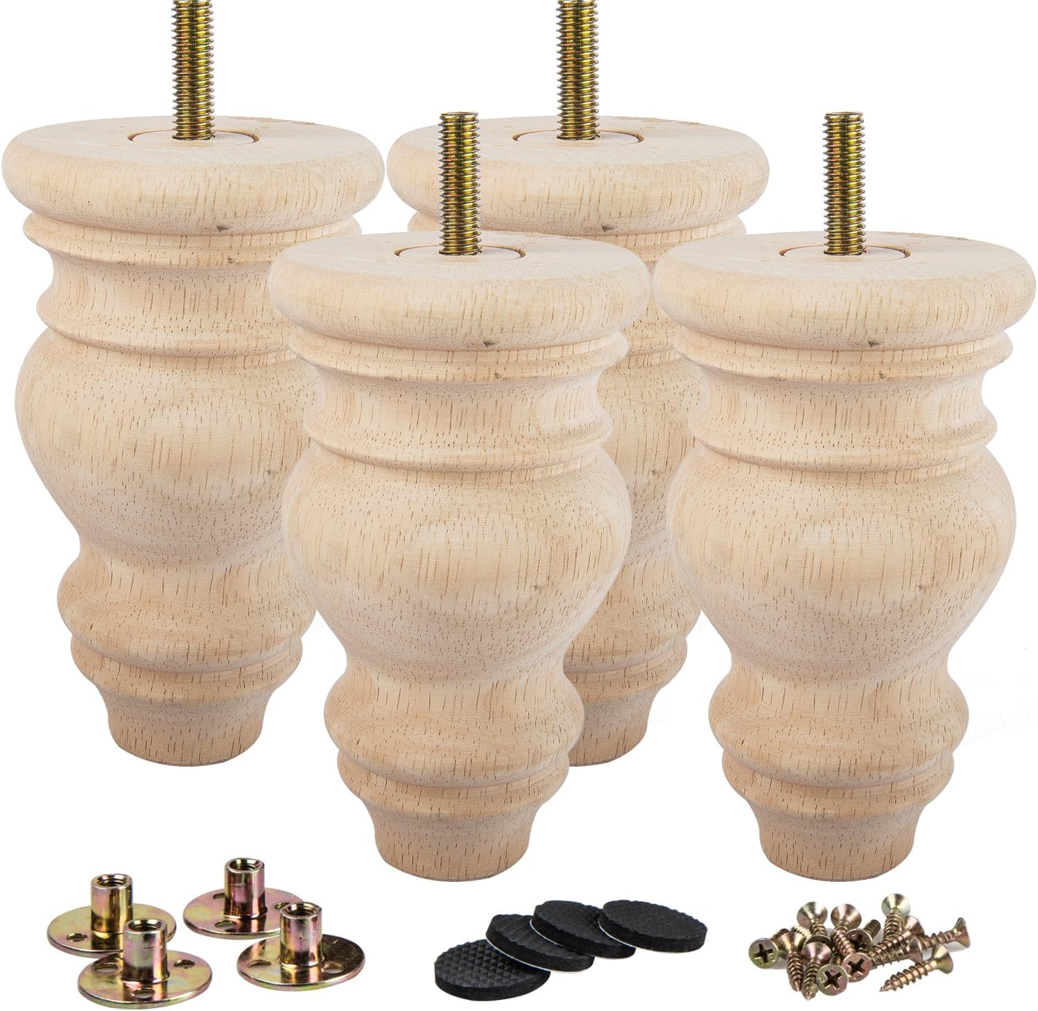 La Vane 5 inch / 12cm Unfinished Wooden Furniture Legs, 4PCS Soild Wood Turned