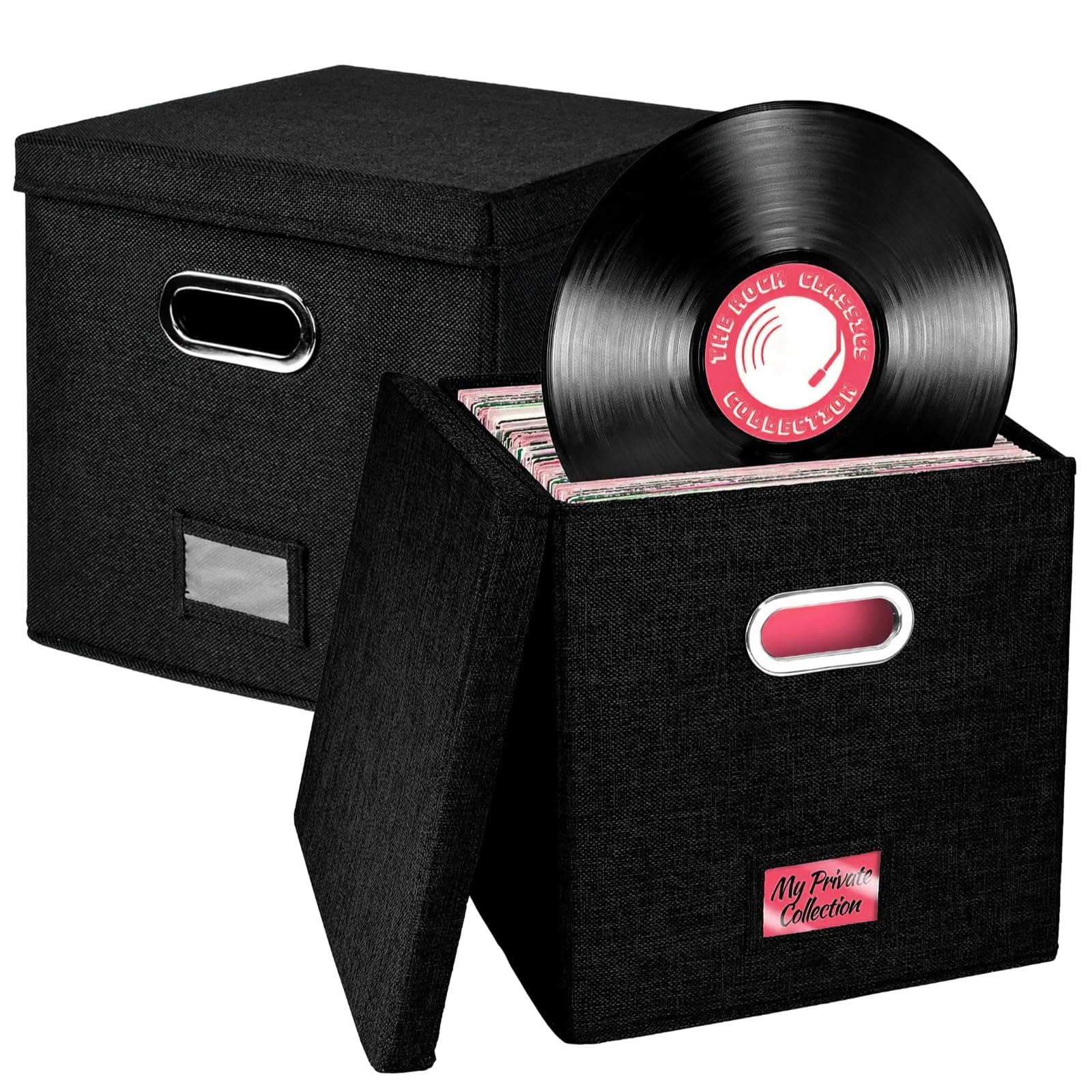 Packool Black 2 Pcs Vinyl Record Storage Boxes, Foldable Organizer Crate Cube Bin With Lid, 13 In Linen Fabric Case For 100+ Lp Albums, Stackable Box For Records, Books, Office Or Living Room