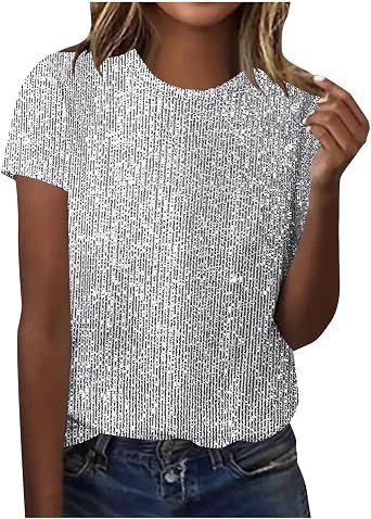 Sequin Blouses Tops for Women Short Sleeve Sparkle Casual T-Shirts Tee Tops Fashion Party Rave Outfits