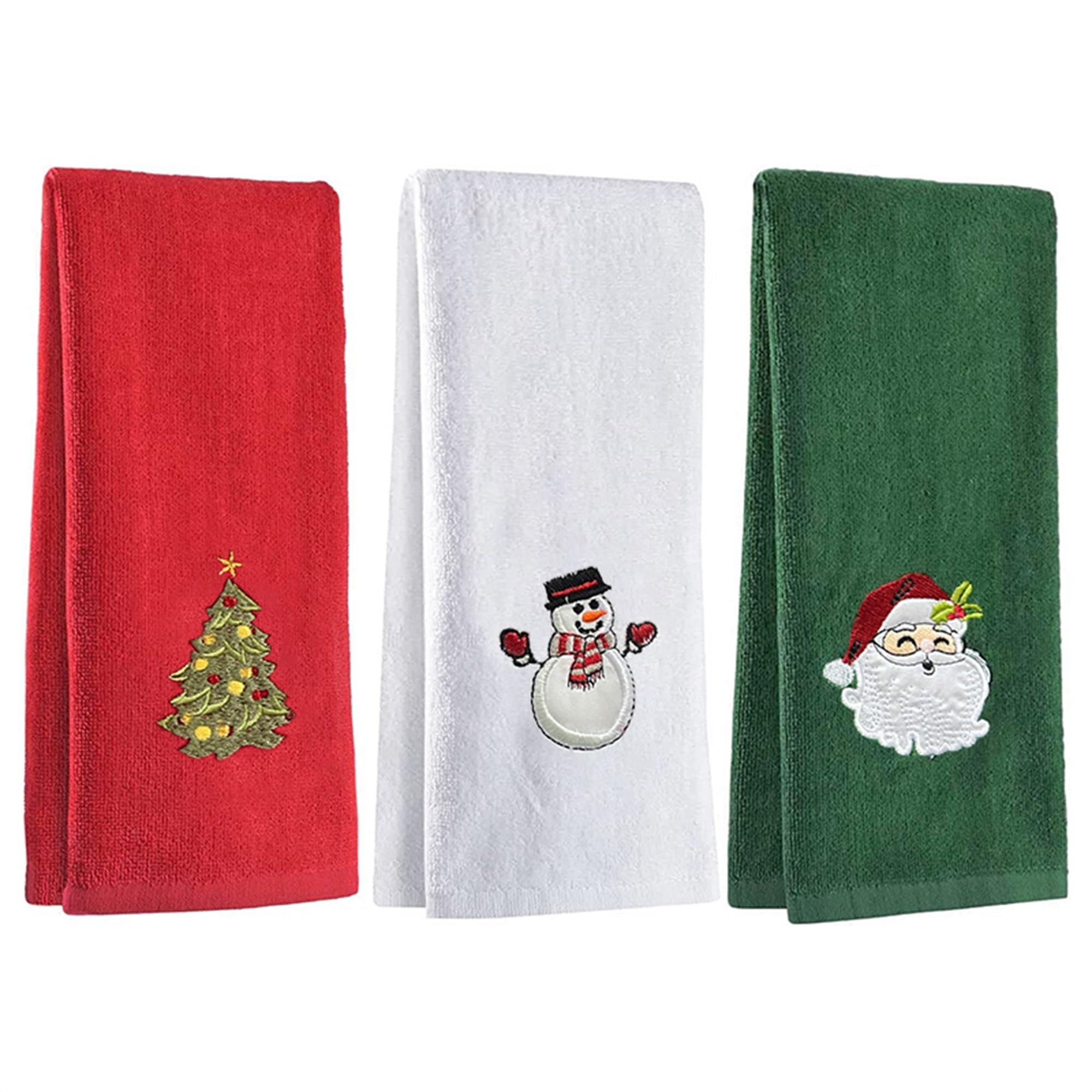 LSFYSZD Set of 3 Hand Towels for Kitchen and Bathroom 12x18in Cotton Embroidered Dish Towels Christmas Theme Decorative Towels Gift (Red White Green