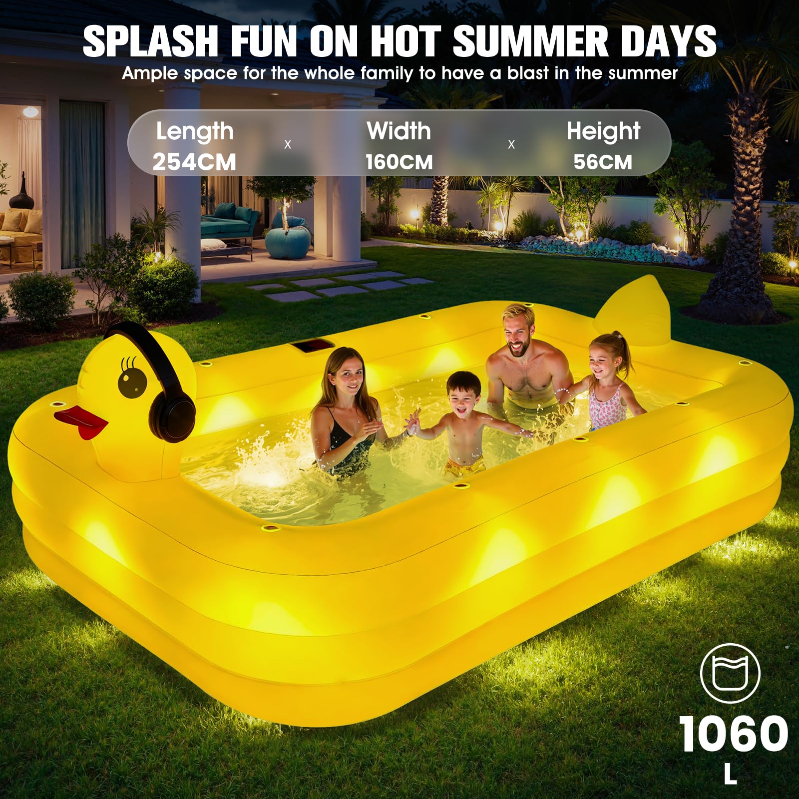 KingSom Piscina Gonfiabile con Luci, Paperella Piscina Gonfiabile Rettangolare Solare, Grande Piscina per Bambini e Adulti, 254 x 160 x 56 cm, Piscina Fuori Terra per Famiglie per Giardino, Esterni