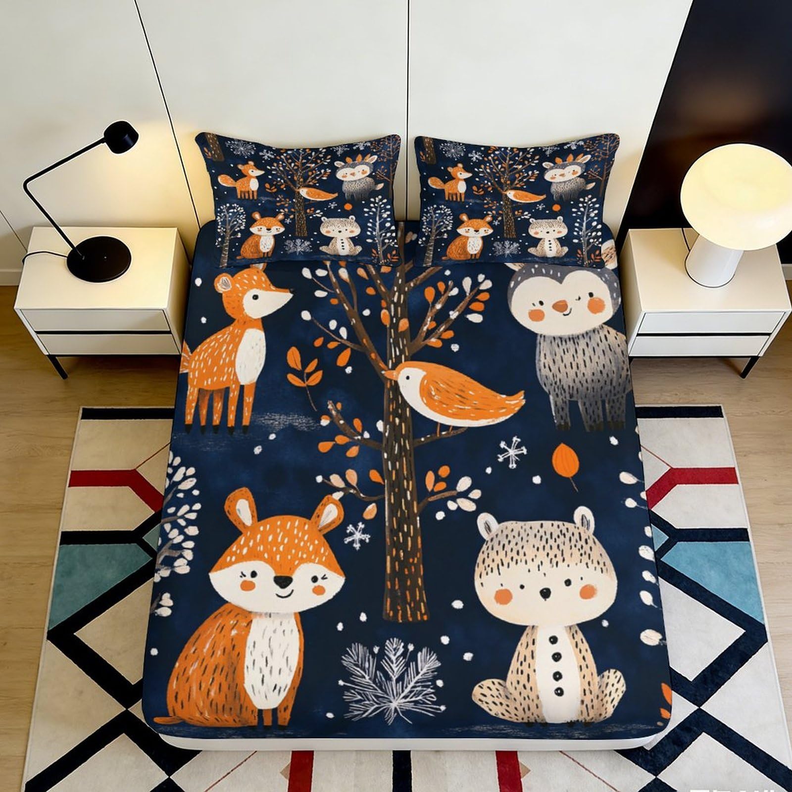 3D Printed Forest Animal Fitted Sheet Microfiber Soft Breathable Woodland Bird Mattress Cover for Bedroom Dorm Decor 90x200x25cm