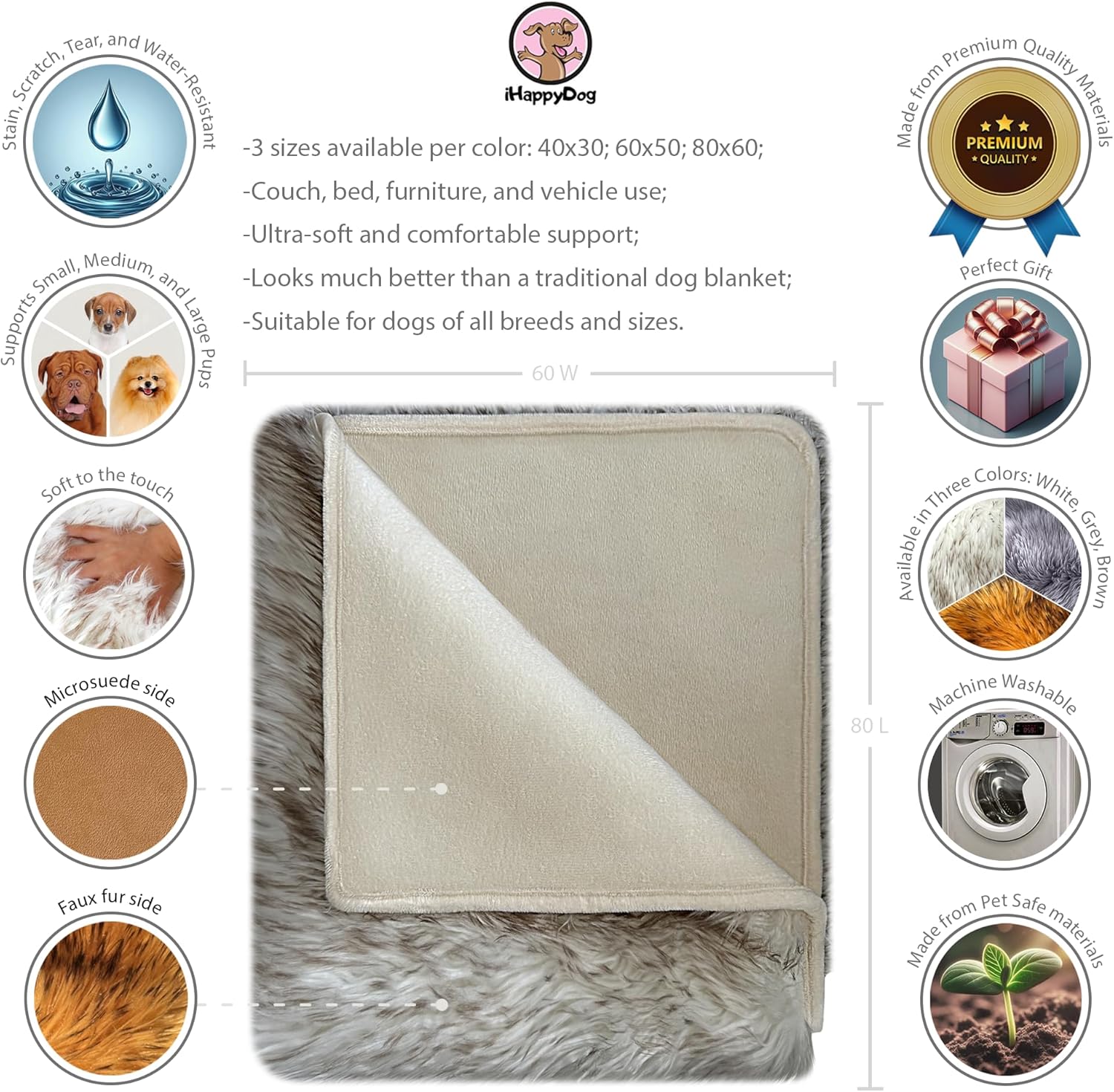 Waterproof Dog Blanket for Small, Medium & Large Dogs – Faux Fur Pet Throw for Couch, Sofa, Bed & Car – Soft, Washable, Stain-Resistant, Durable Cover – White w/Brown Tips – 80" x 60" - Image 4