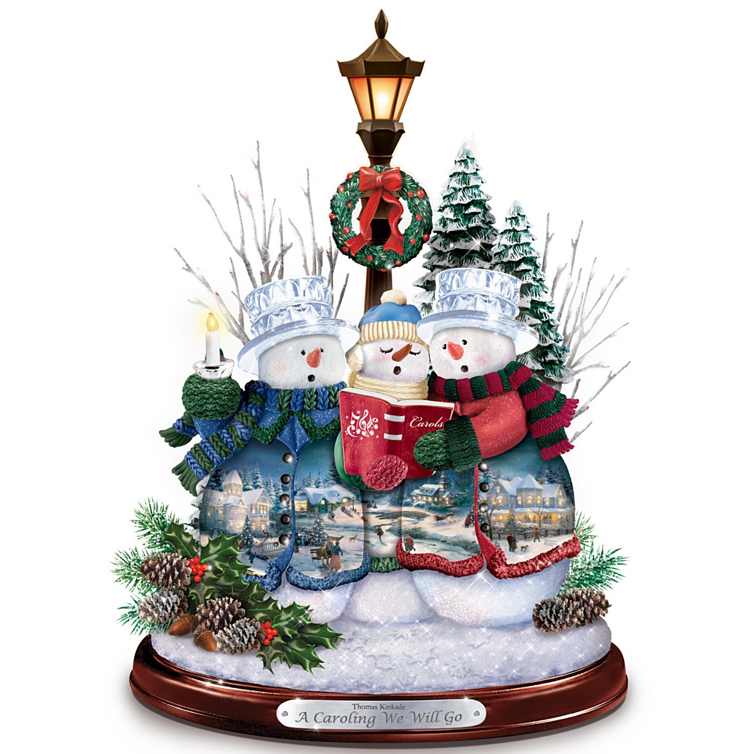 Thomas Kinkade A Caroling We Will Go Singing Crystal Snowman Trio