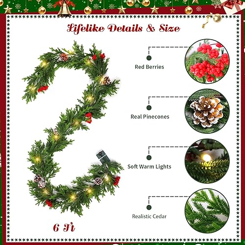 Miniatura 3 de Guirnalda de Navidad preiluminada de 6 pies con luces, guirnalda de cedro realista con bayas rojas, cono de pino artificial de tacto real, guirnalda