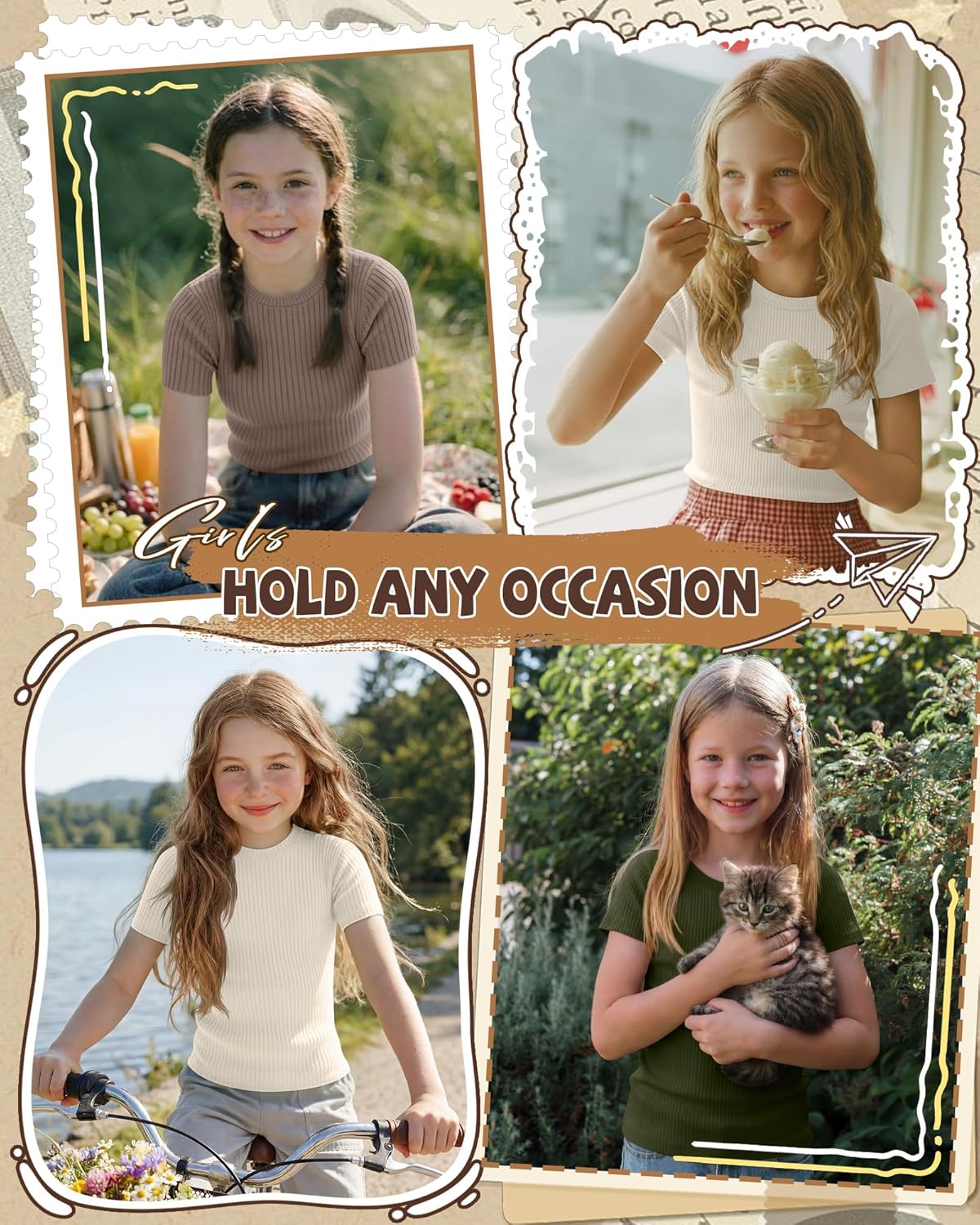 3 Pack Teen Girls' Ribbed Short Sleeve Shirts Kids Crew Neck Soft Tees Summer Basic Casual Knit Tops 5-14 Years - Image 2