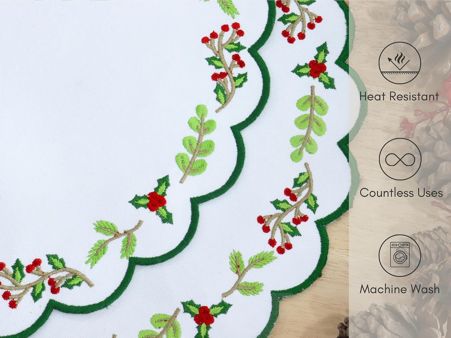 PurpleEssences Scalloped Embroidered Christmas Round Placemats Set of 4, 15 Inch Winter Round Table Mats for Dining Decoration - Red Green Edges Green