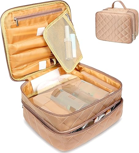 Miniatura 1 de weallbuy Bolsa de maquillaje de viaje para mujer, bolsa de maquillaje grande portátil con doble capa, bolsa de cosméticos con múltiples