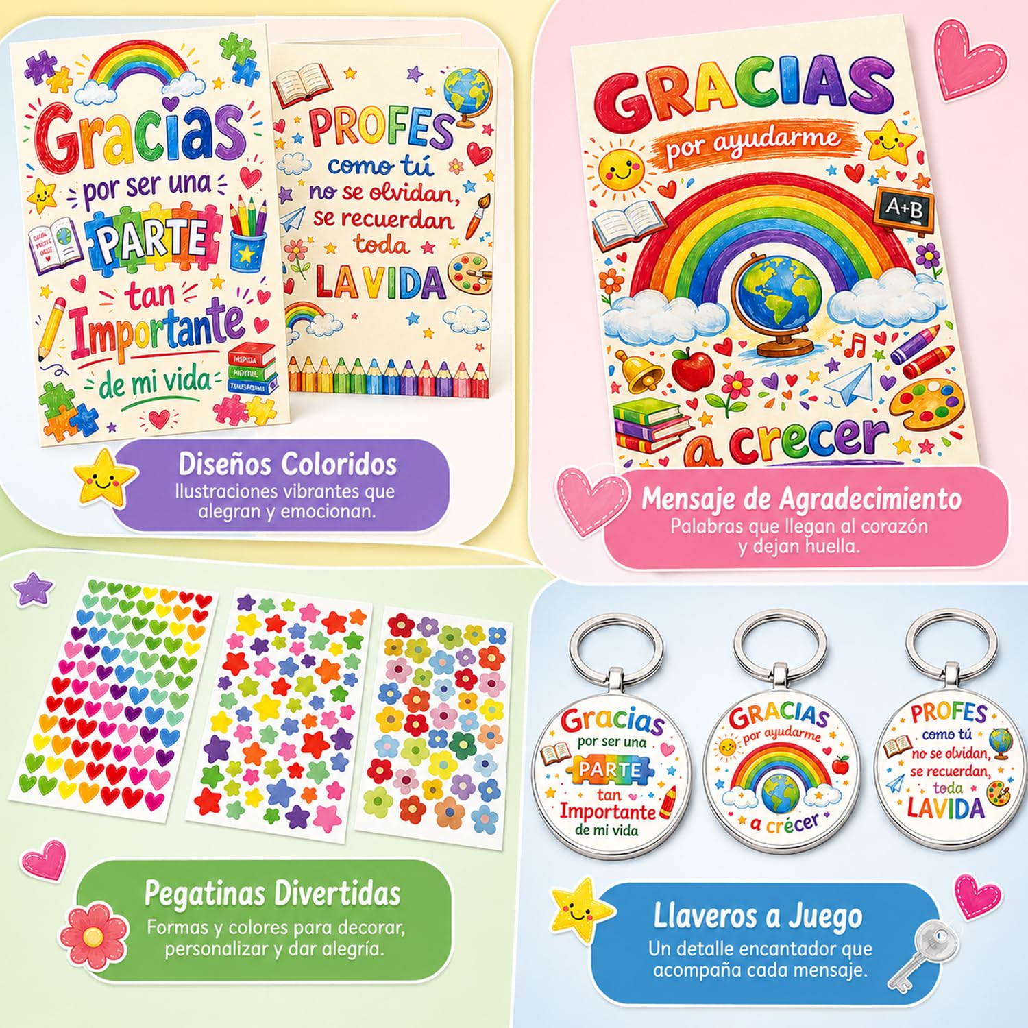 Regalo Profesora, Set de 3 Tarjetas y 3 Llaveros para Profesora, Regalo para Profesora Infantil con Pegatinas, Detalle de Agradecimiento para Maestra, Fin de Curso, Día del Maestro
