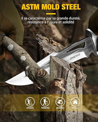Miniatura 4 de Omesio Cuchillo de hoja fija con funda, cuchillos de caza de supervivencia de espiga completa de 11.22 pulgadas para hombres, molde grande de 5.7