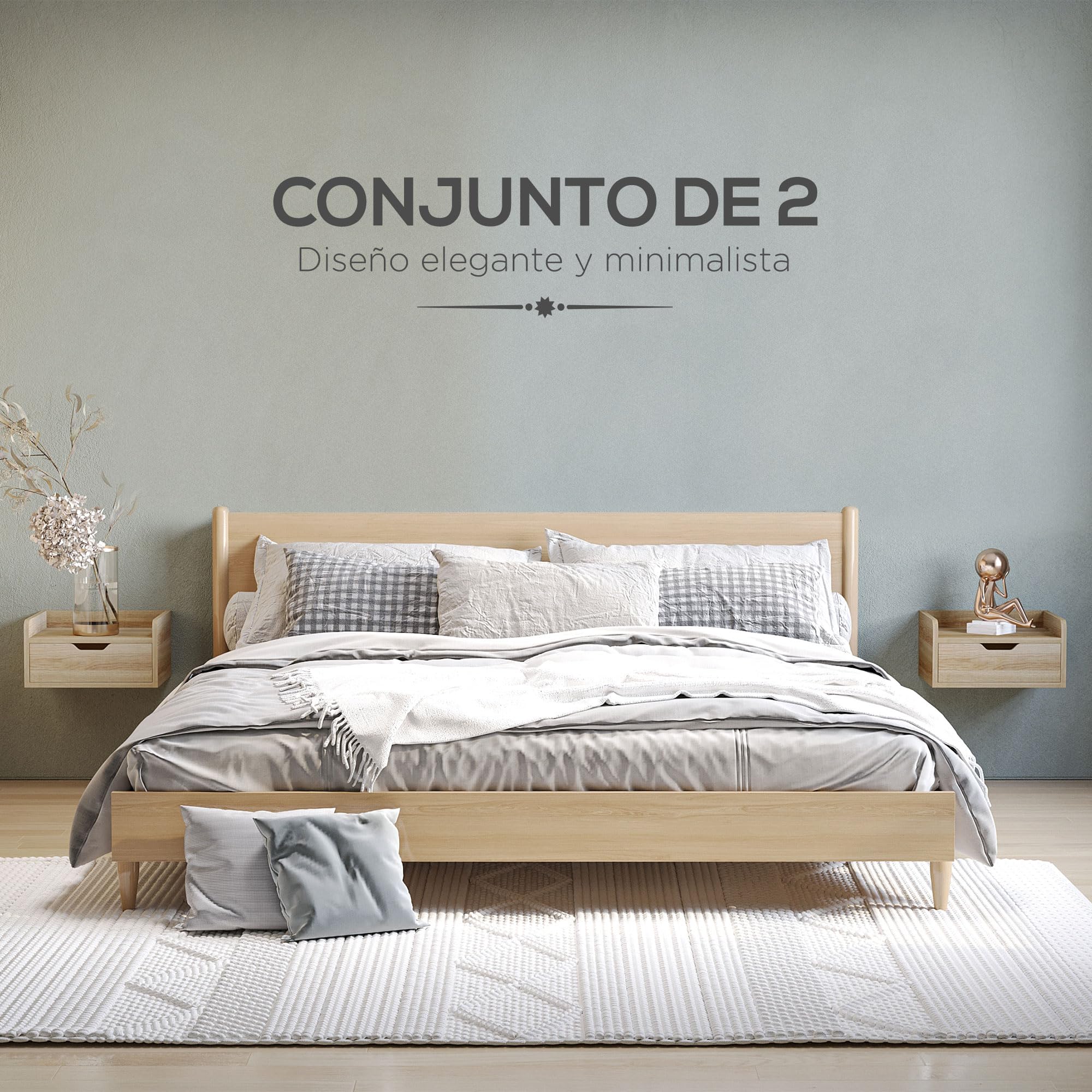 HOMCOM Set de 2 Mesitas de Noche Flotantes con Cajón Madera Natural