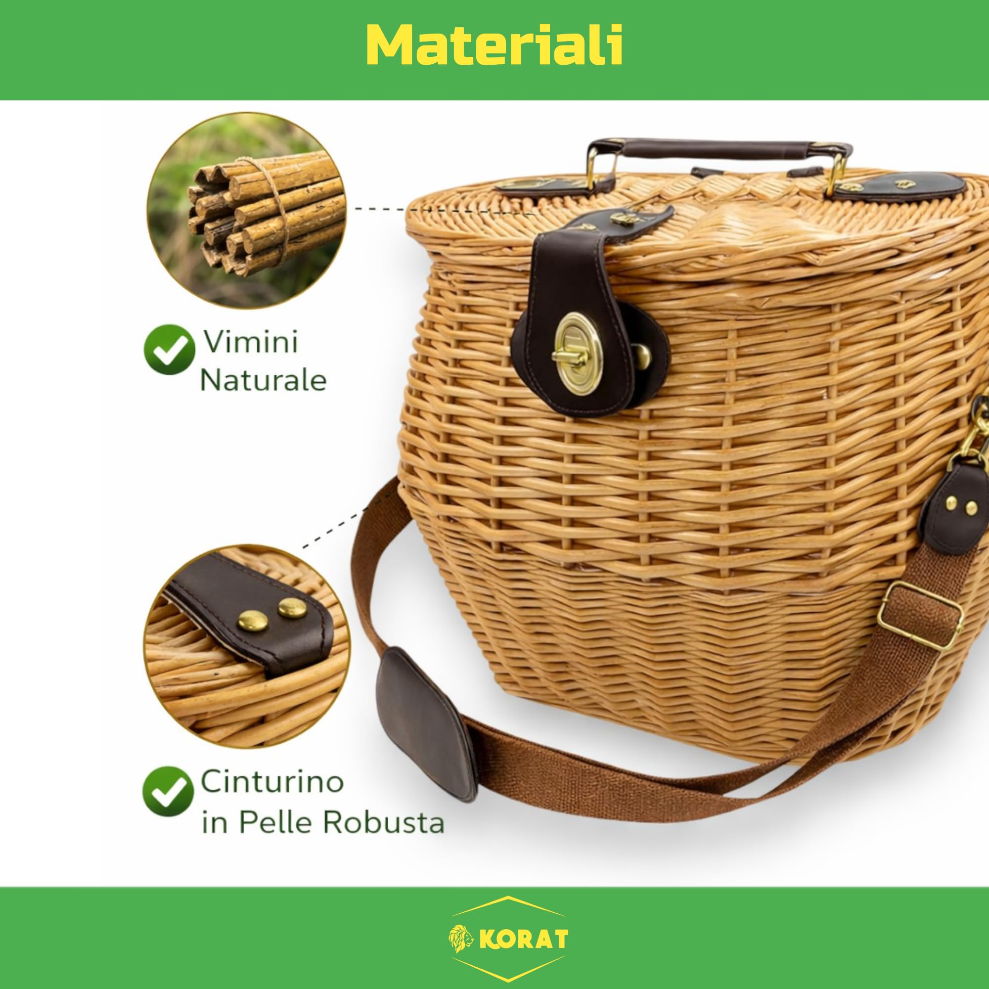 KORAT - Cestino in Vimini con Tracolla e Chiusura in Ottone, Cesto Raccolta Funghi 31x26x29 cm, Borsa Intrecciata Naturale con Maniglia, Robusto e Portatile per Outdoor e Picnic