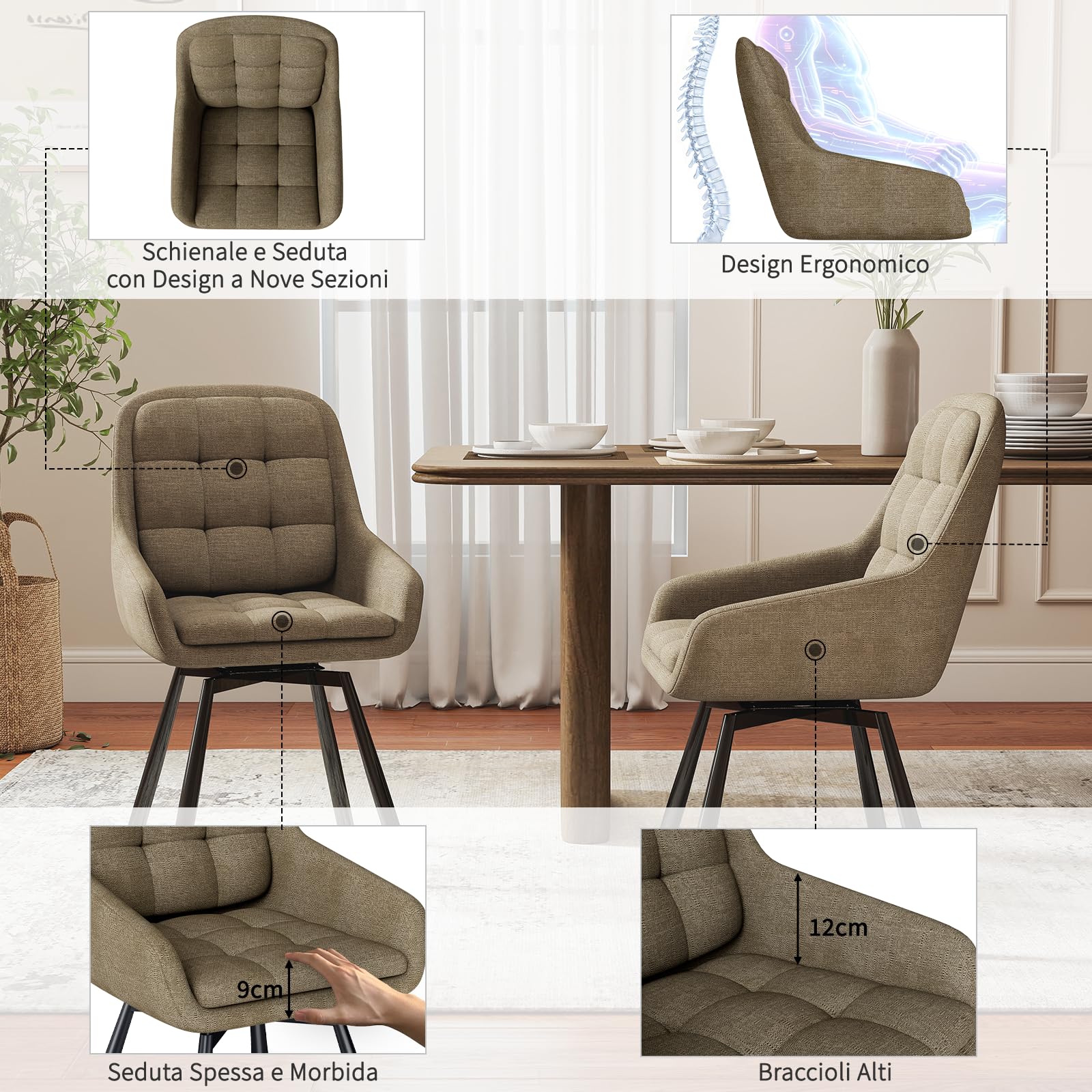 JIJIAN Set di 4 Sedie da Pranzo Girevoli 360° con Braccioli, Sedia Imbottita con Gambe Metalliche, Adatta per Soggiorno, Cucina, Camera da Letto e Sala D'attesa, Marrone
