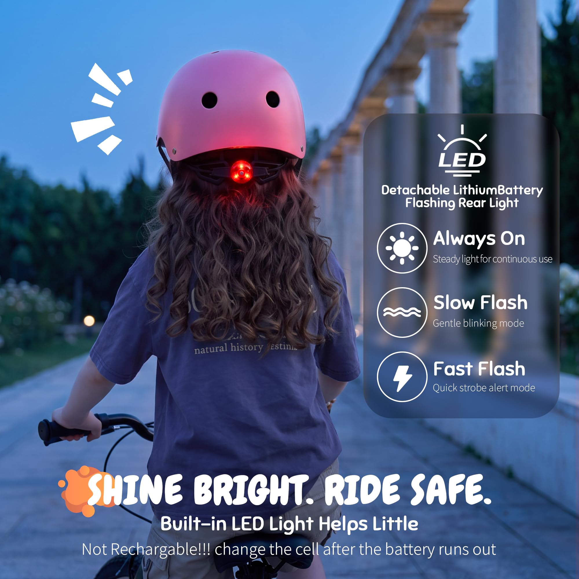 Casco de bicicleta para niños con luz trasera LED, casco ligero y ajustable para niños y niñas de 5 a 8 a 14 años, casco de seguridad multideportivo para monopatín, ciclismo, scooter
