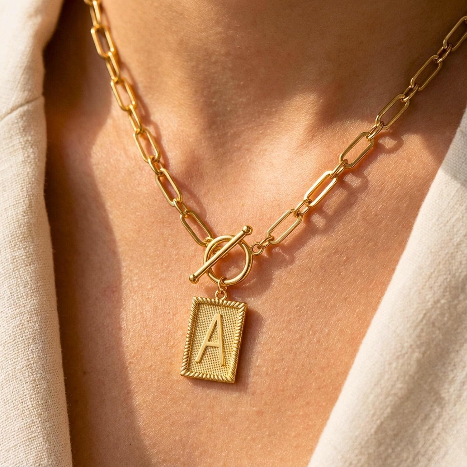 Moodear Gold Initial Necklace for Women – Chunky 14K Gold Plated A-Z Letter Pendant with Alphabet Necklace Thick Paperclip Chain & Toggle Clasp, Statement Trendy Initial Jewelry Gift - Image 2