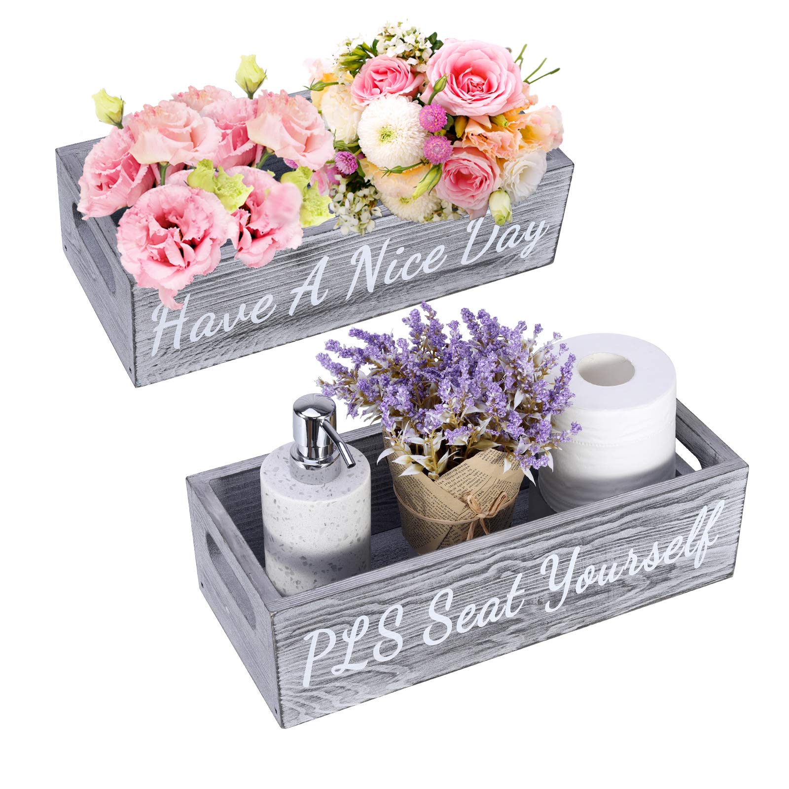 Emibele Bathroom Decor Box, 1 Pack Toilet Paper Holder Diaper Organizer, Rustic Wooden Farmhouse Bathroom Box, Toilet Tank Tray with Handle Funny Signs Home Decor for Counter Table and Kitchen, Gray