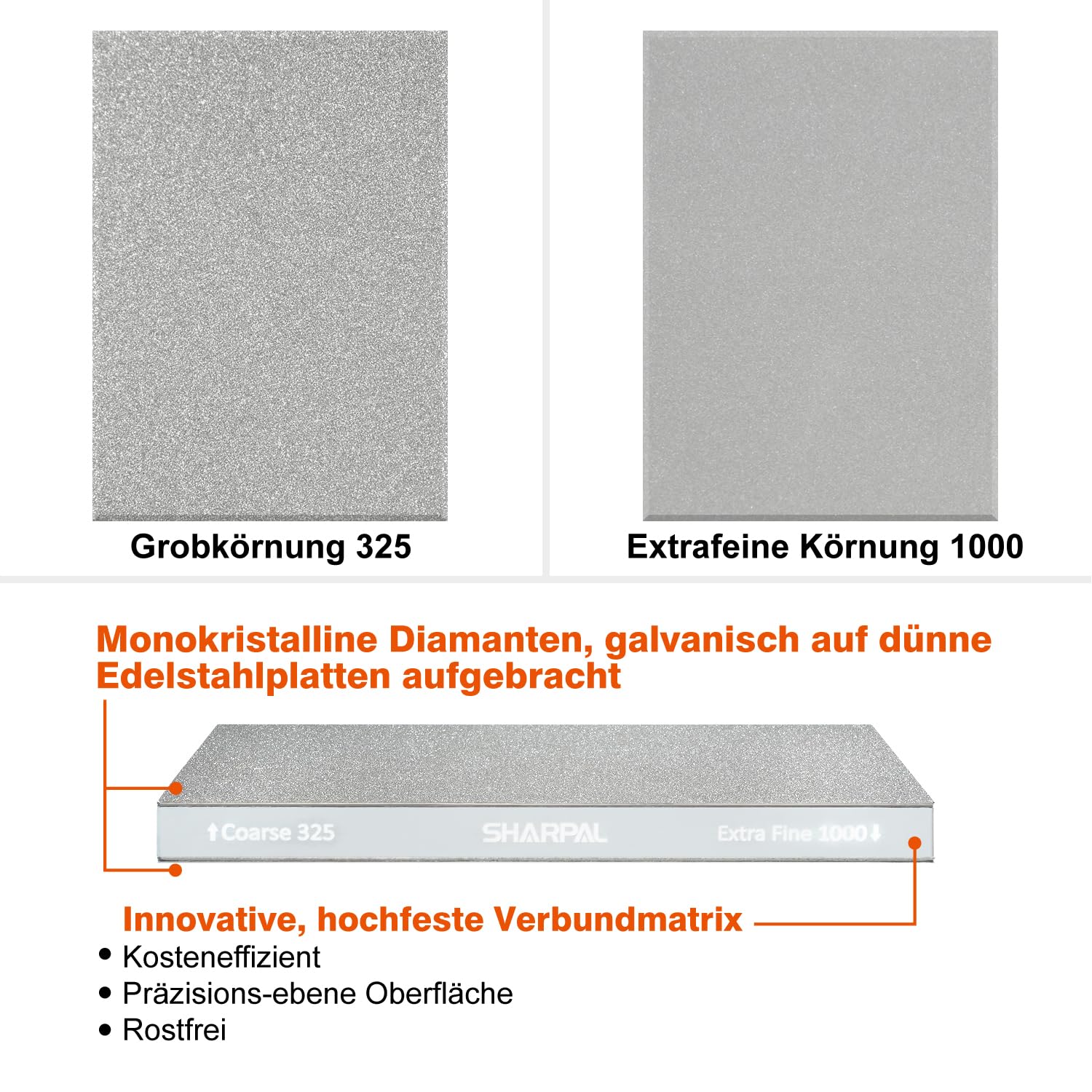 SHARPAL 168H Diamant Schleifstein Grob 325 / Extrafein 1000 Doppelseitig Wetzstein – Professioneller Messerschärfer mit Winkelführer & rutschfester Unterlage (200 x 75 mm)