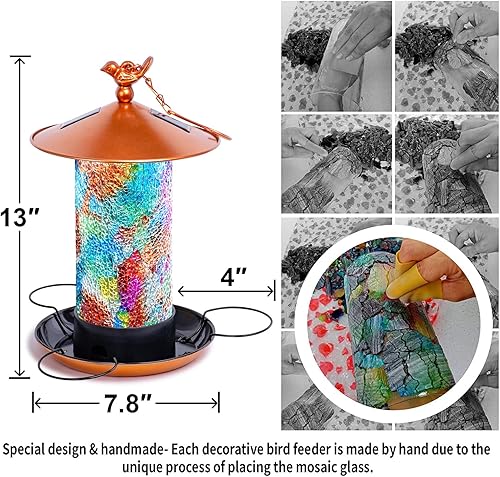 Miniatura 2 de Ottsuls Comedero de pájaros con luz solar para colgar al aire libre, mosaico de lujo con forma de farol vintage, regalo único para amantes de las