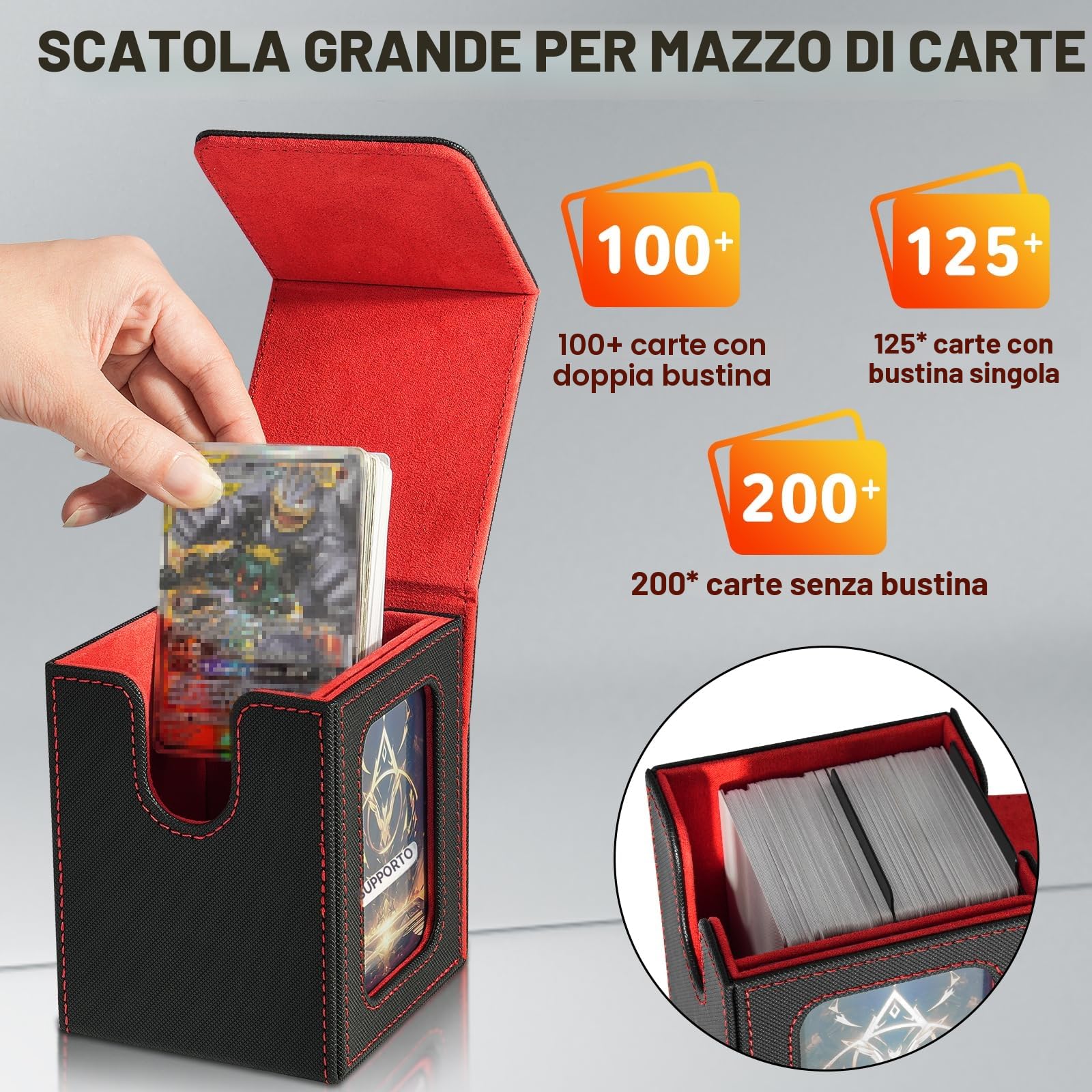 Deck Box con Due Divisori,Magnetic Flip Deck Box Magic mit Display per MTG Magic Commander TCG,Porta Deck Capacità di 100+ Carte,Pelle PU Deckbox,Nero Rosso