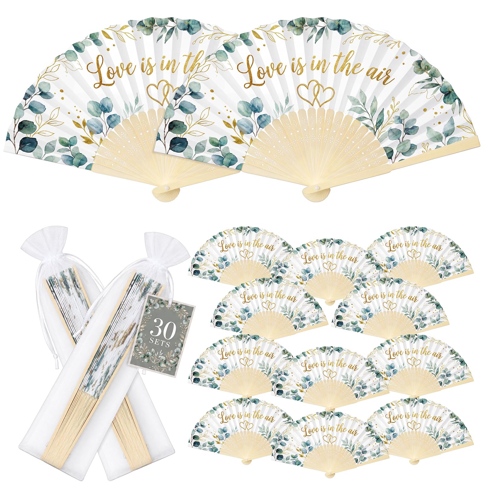 BBTO 30 Pcs Wedding Fans for Guests, Handheld Folding Paper Fan with Bamboo Handle and Organza Bags for Wedding Party Favor Gift, Wall Decorations (Love is in the Air)