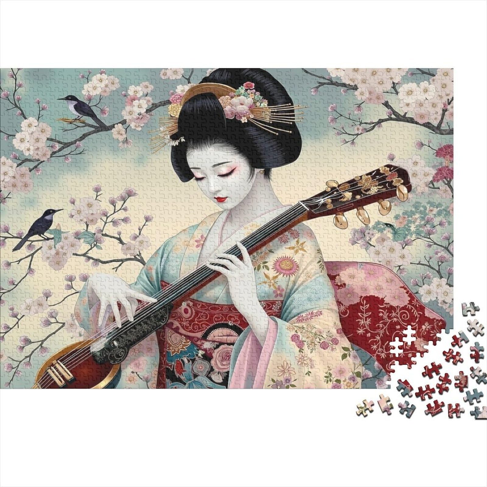 Kimono Woman Traditional Musical Instrument 1000 Piece Jigsaw Puzzle Puzzle Game for Family Night Cherry Blossom Scene Paper Adult Relaxation Focus Home Decor Gift 52x38cm/1000pcs