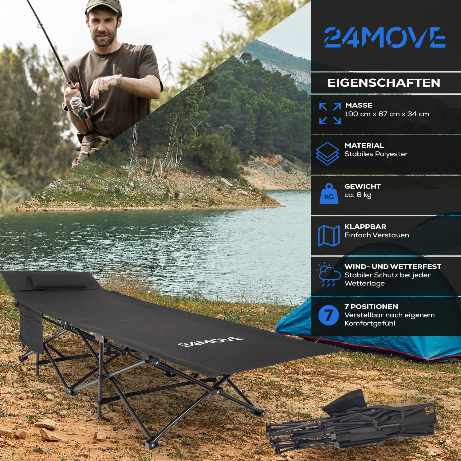 24MOVE® Feldbett Campingbett bis 150 kg In-und Outdoor Camping faltbar, 190 x 67 x 34cm, tragbar mit Tasche, für Garten oder Reisen, schwarz