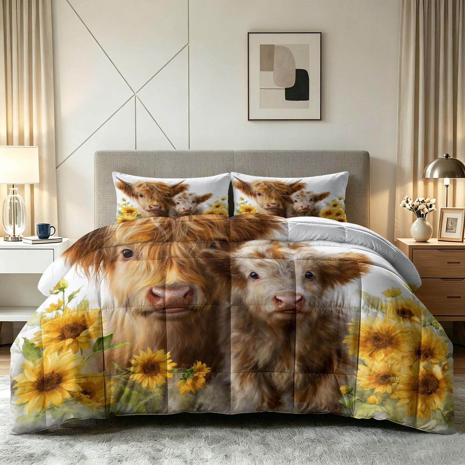 Couette 200x200 4 saisons imprimée vache avec 2 taies d'oreiller