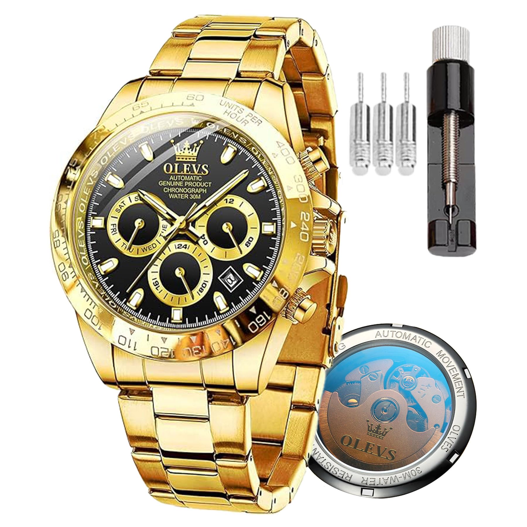 OLEVS Herren Automatikuhr Automatikuhr Timing Lünette Mechanische Uhr Wasserdicht und Leuchtend Kalender Woche Edelstahl Präzisionsband
