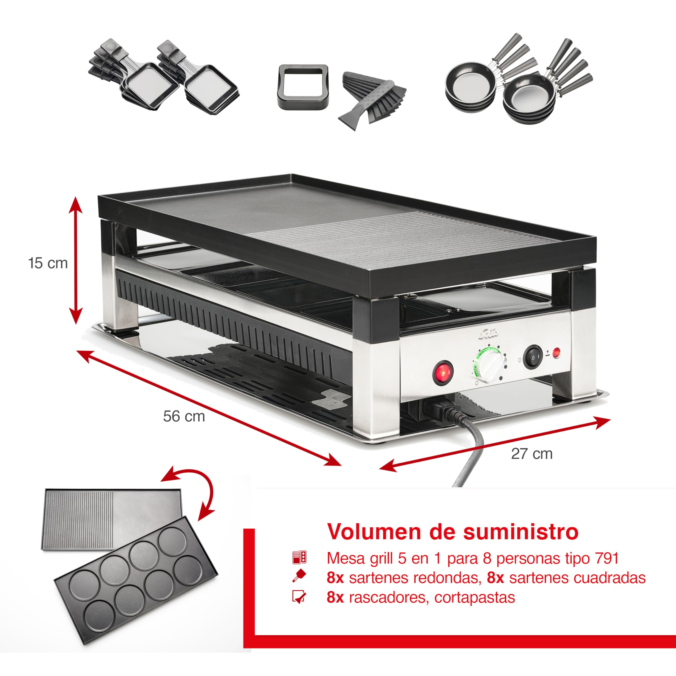 Solis 5 in 1 Table Grill 791 Parrilla Electrica de Mesa - Plancha Electrica para Cocinar - 1400W - Apto para Barbacoa - Raclette - Wok - Crêpes - Pizza - Hasta 8 Personas - Plata/Negro