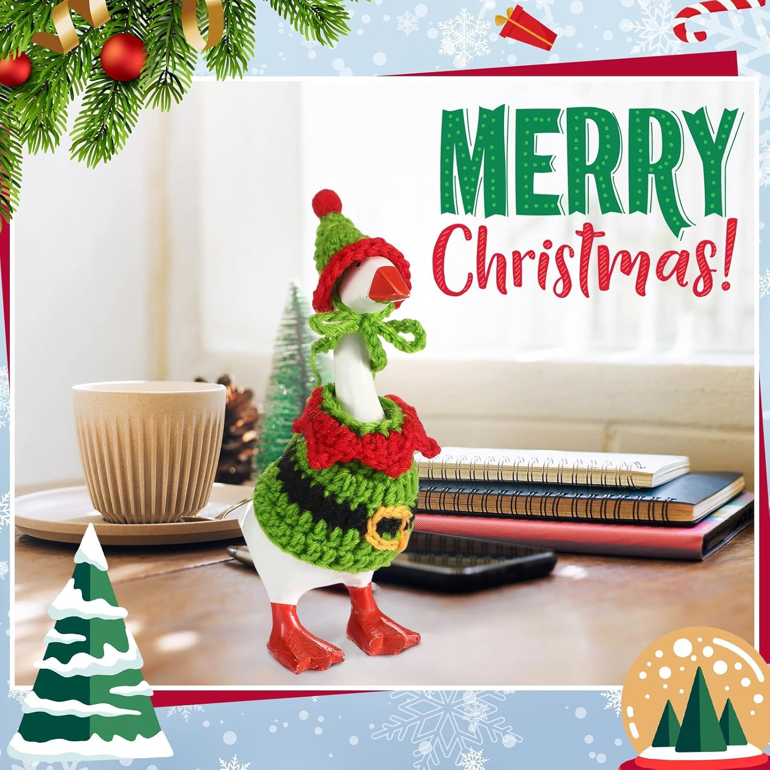 Christmas 7 inch Desk Goose Outfit Santa Mini Knitted Costume with Hat for Desk Magnetic Goose Key Holder Decor