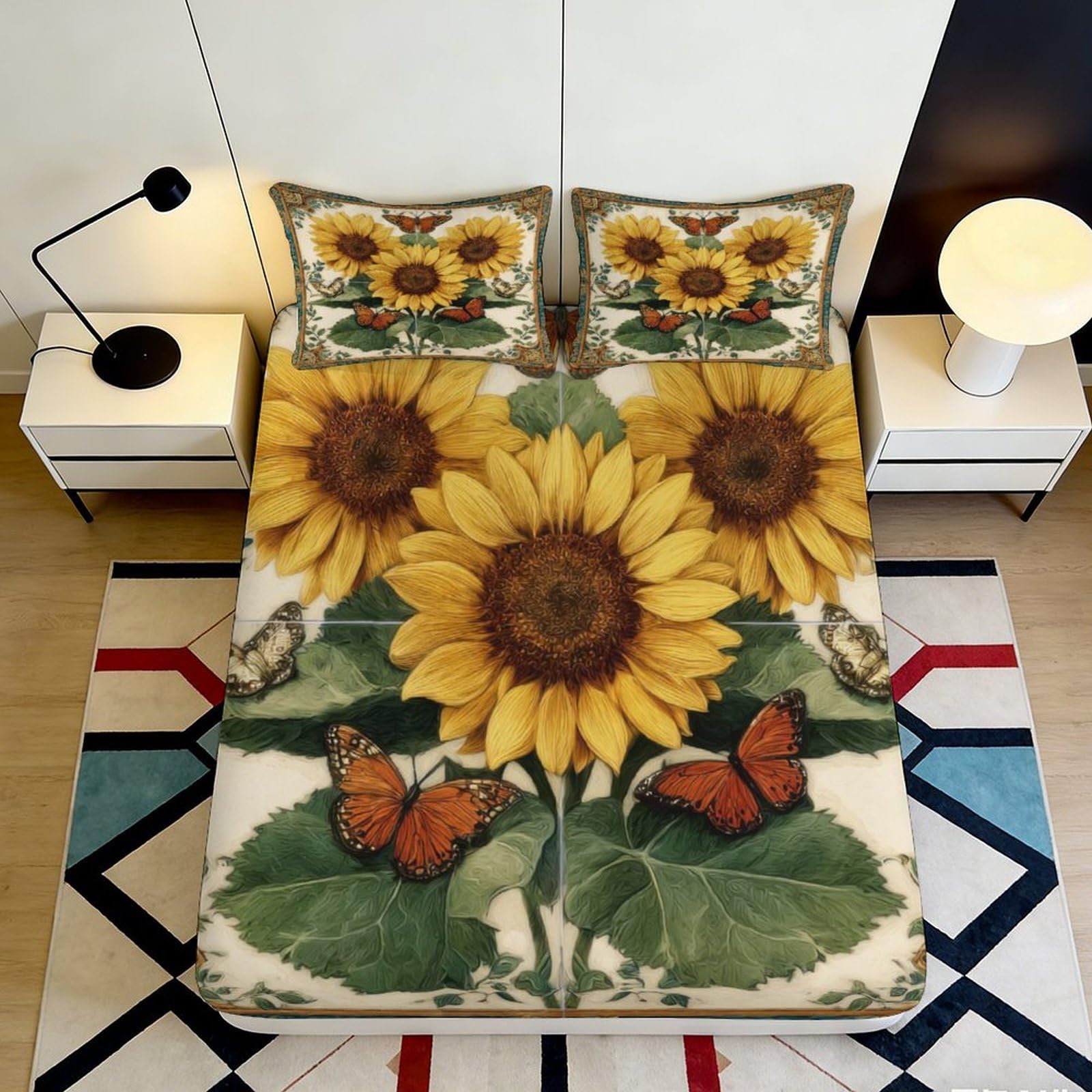 3D Printed Sunflower Butterfly Fitted Sheet Microfiber Soft Mattress Cover Floral Bed Decor Bedroom Dorm 120x200x25cm