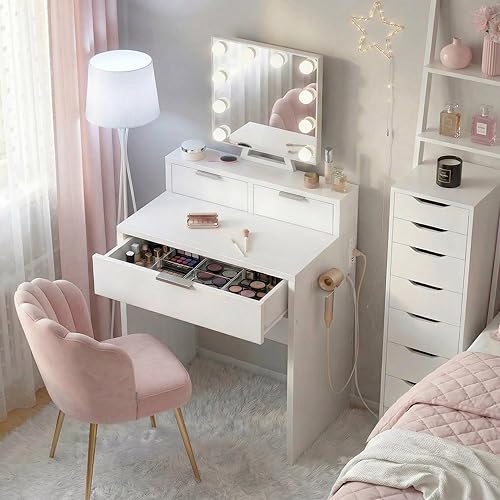 BOLUO Escritorio de Maquillaje Blanco con Espejo de Hollywood y Luces, Mesa Compacta de Maquillaje para Niñas con Cajones y Enchufe para Dormitorio