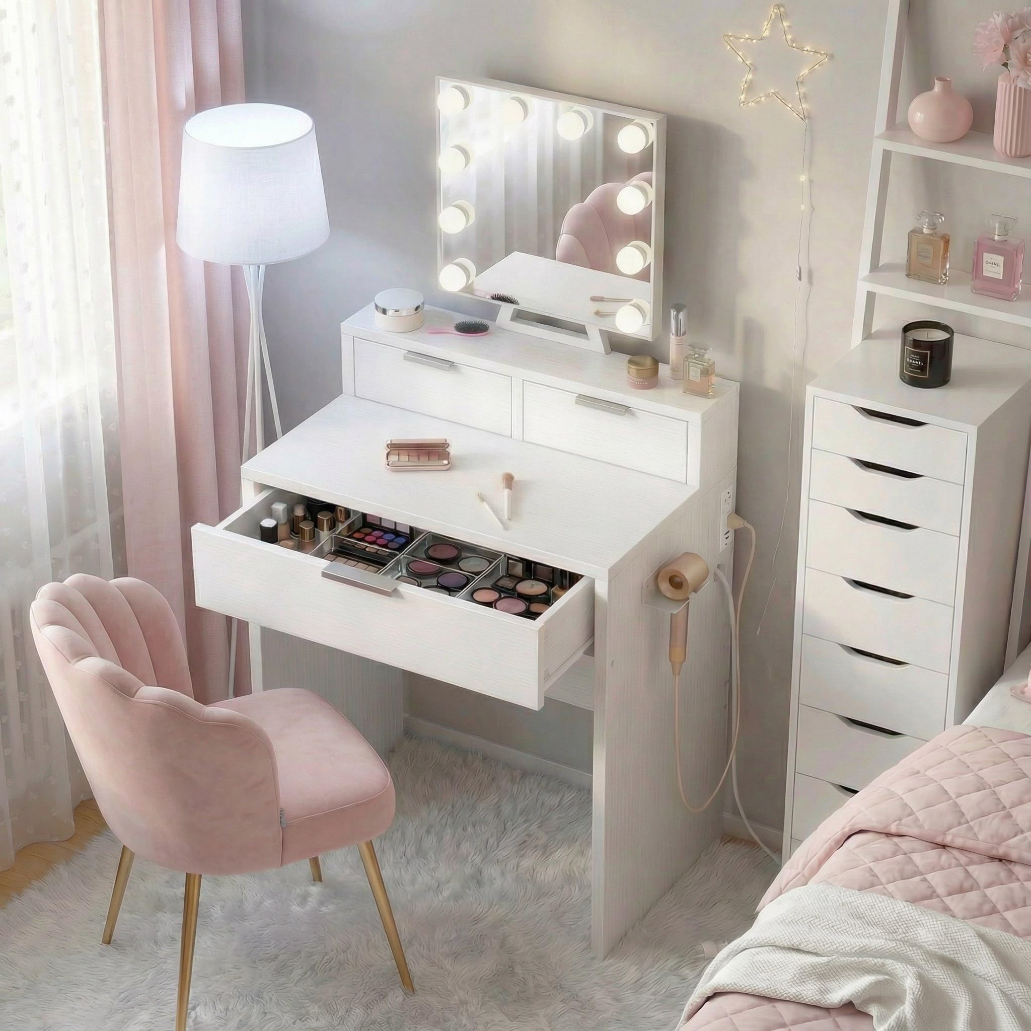 boluo white makeup vanity desk with hollywood mirror and lights, girls compact make up table with drawers and outlet for bedroom small space