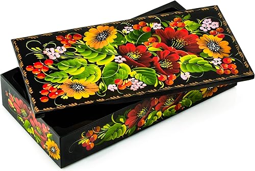 Miniatura 4 de UA Creations Petrykiv - Joyero de madera rectangular étnica con tapa, flores pintadas a mano sobre negro (rojo, amarillo, verde)