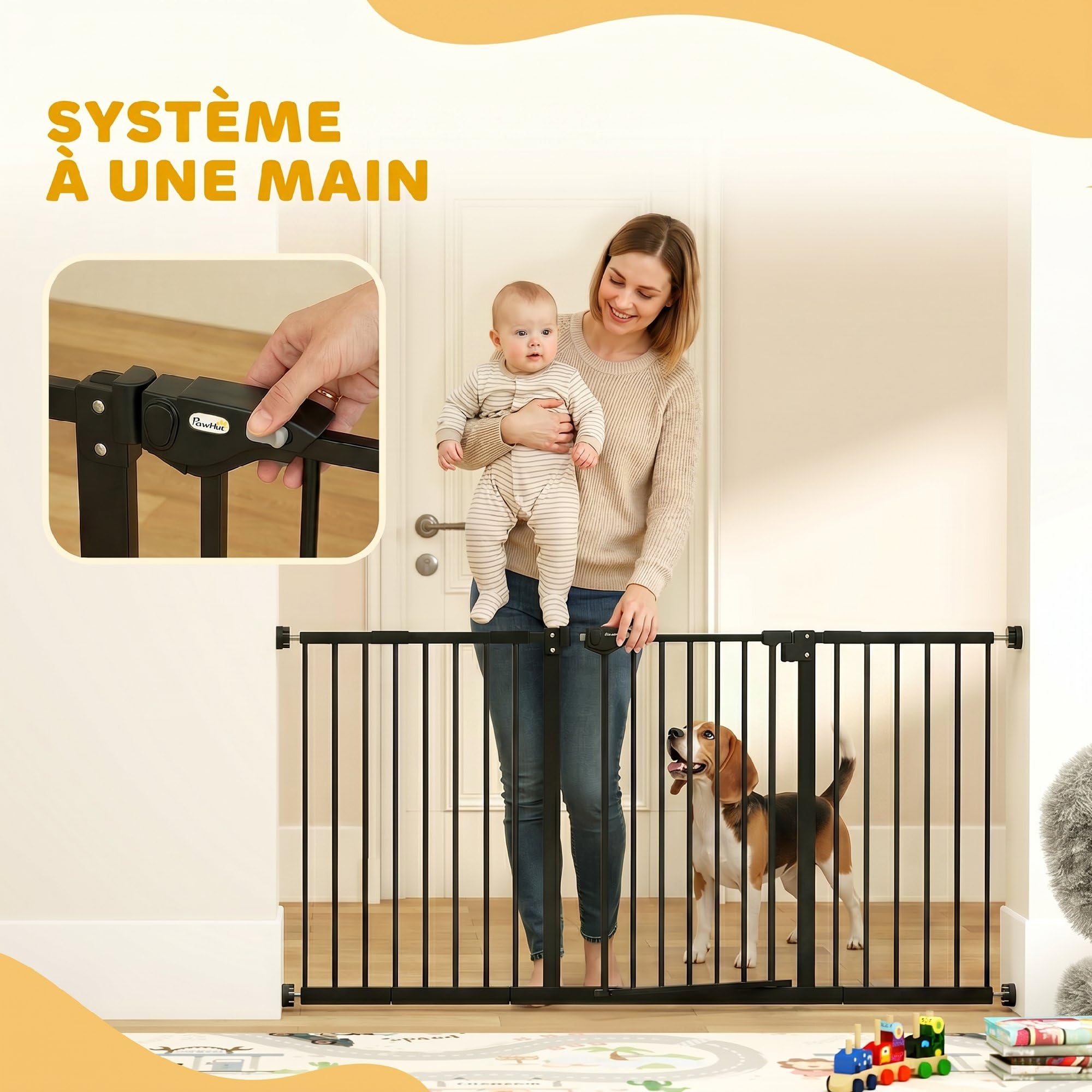 PawHut Barrière de sécurité Animaux 74-148 x 76,2 cm avec Porte Fermeture Automatique système de Double Verrouillage sans perçage avec 3 Extensions Noir