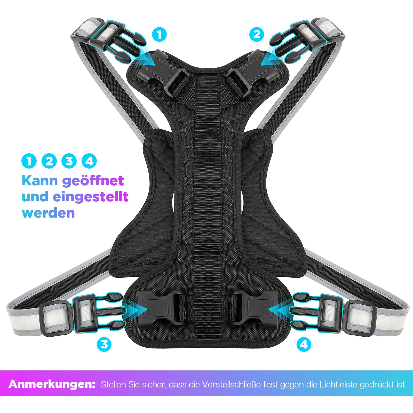 Leuchtendes Hundegeschirr – Mehrfarbiges LED-Hundegeschirr mit 7 Leuchtmodi | Wiederaufladbare Sicherheitsweste ohne Zug, USB-Anschluss, mit Griff für mittelgroße bis große Hunde (M)