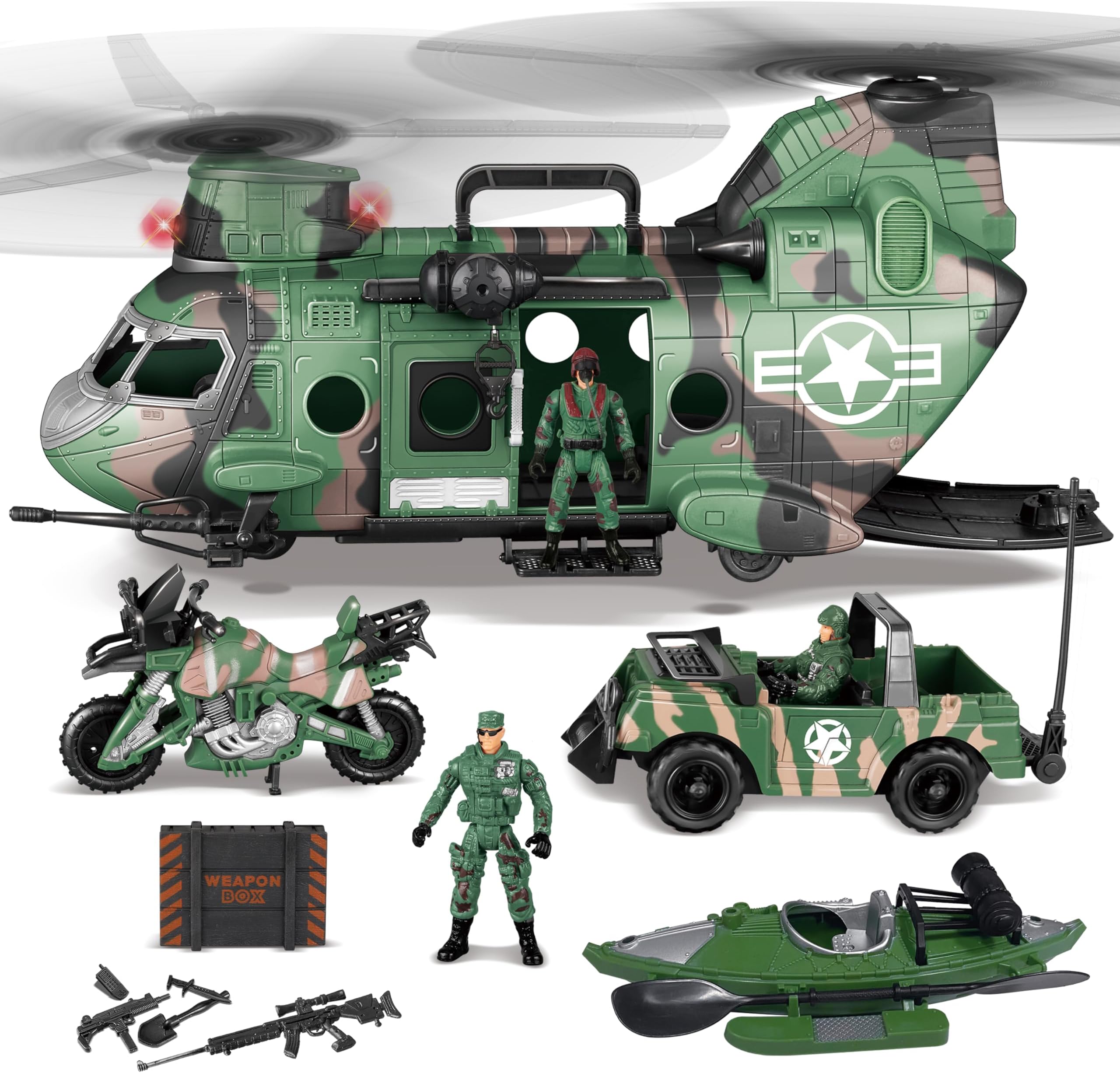 JOYIN 10-In-1 Jumbo Military Transport Helicopter Toy Set, Including Helicopter With Realistic Light And Sound, Military Truck, Kayak Boat, Motorcycle, Army Men Action Figures, Kid, Multicolor