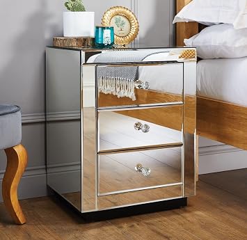 Furniturebox Italian Mirrored Nightstand - 3 Drawers Stunning Finish Bright Modern Bedside Table