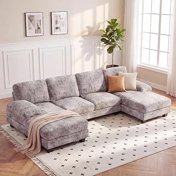 JUMMICO Sectional Couch with Double Chaise, U-Shaped Sofa with Removable & Washable Cushion Covers, 4 Seat Sofa Couches for Living Room, Apartment Chenille, Slate Gray