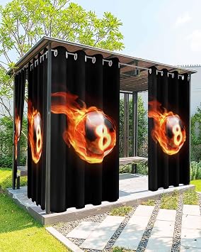 Outdoor Curtains for Patio, Billiards Waterproof Blackout Outside Curtain for Porch/Pergola, Modern Buruning Flame Sport Black Background Thermal Insulated Drapes for Cabana, 1 Panel, 54 x 84 Inch
