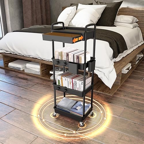 Miniatura 3 de Carrito utilitario de 4 niveles con cajón, hecho de organizador de almacenamiento multifuncional para cocina, baño, sala de estar, oficina (negro)