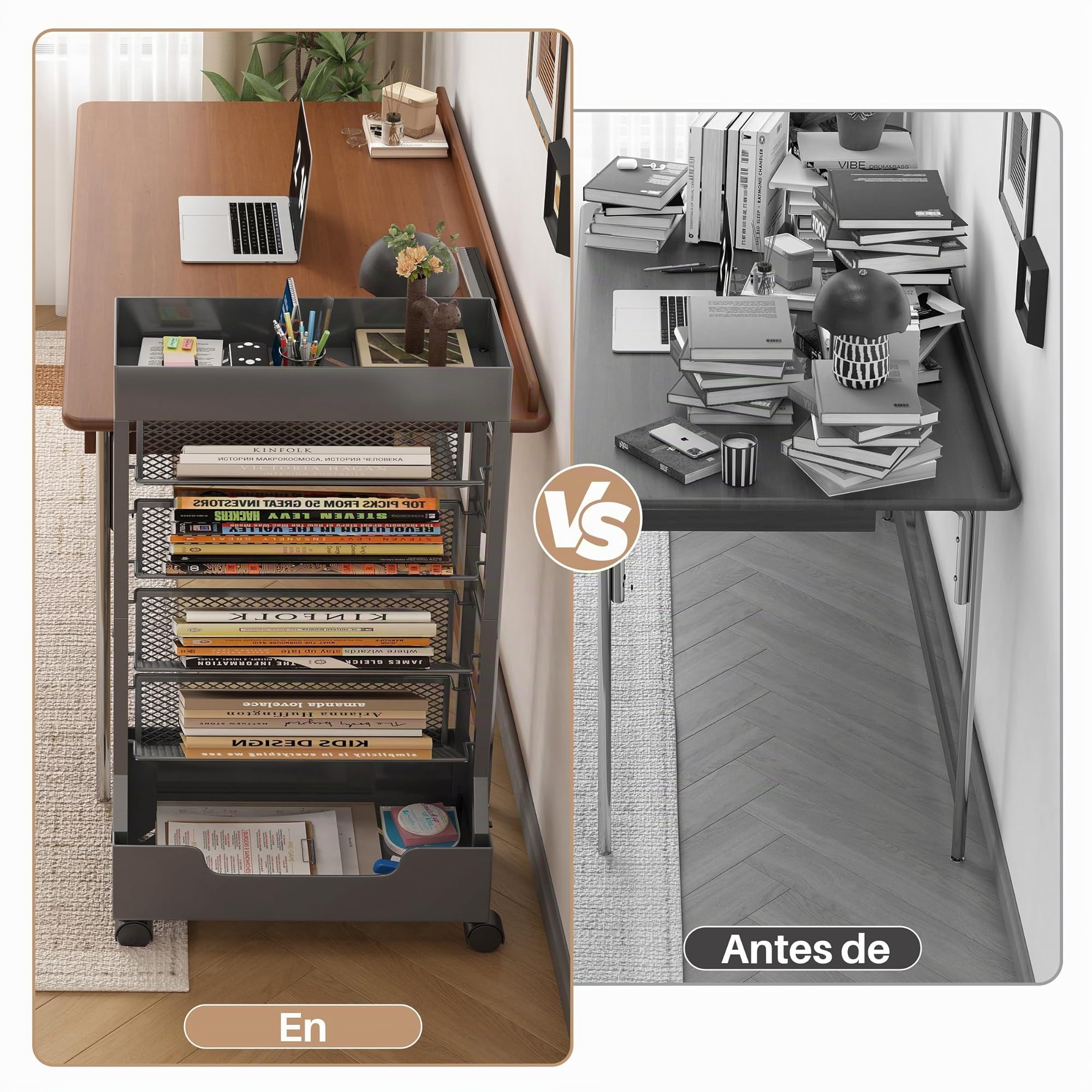 Estantería Móvil con Rueda, Organizador de Escritorio | 6 Niveles, Metal, Carrito Almacenamiento para Libros, Revistas, Gran Capacidad, Estantería de Oficina, Gris