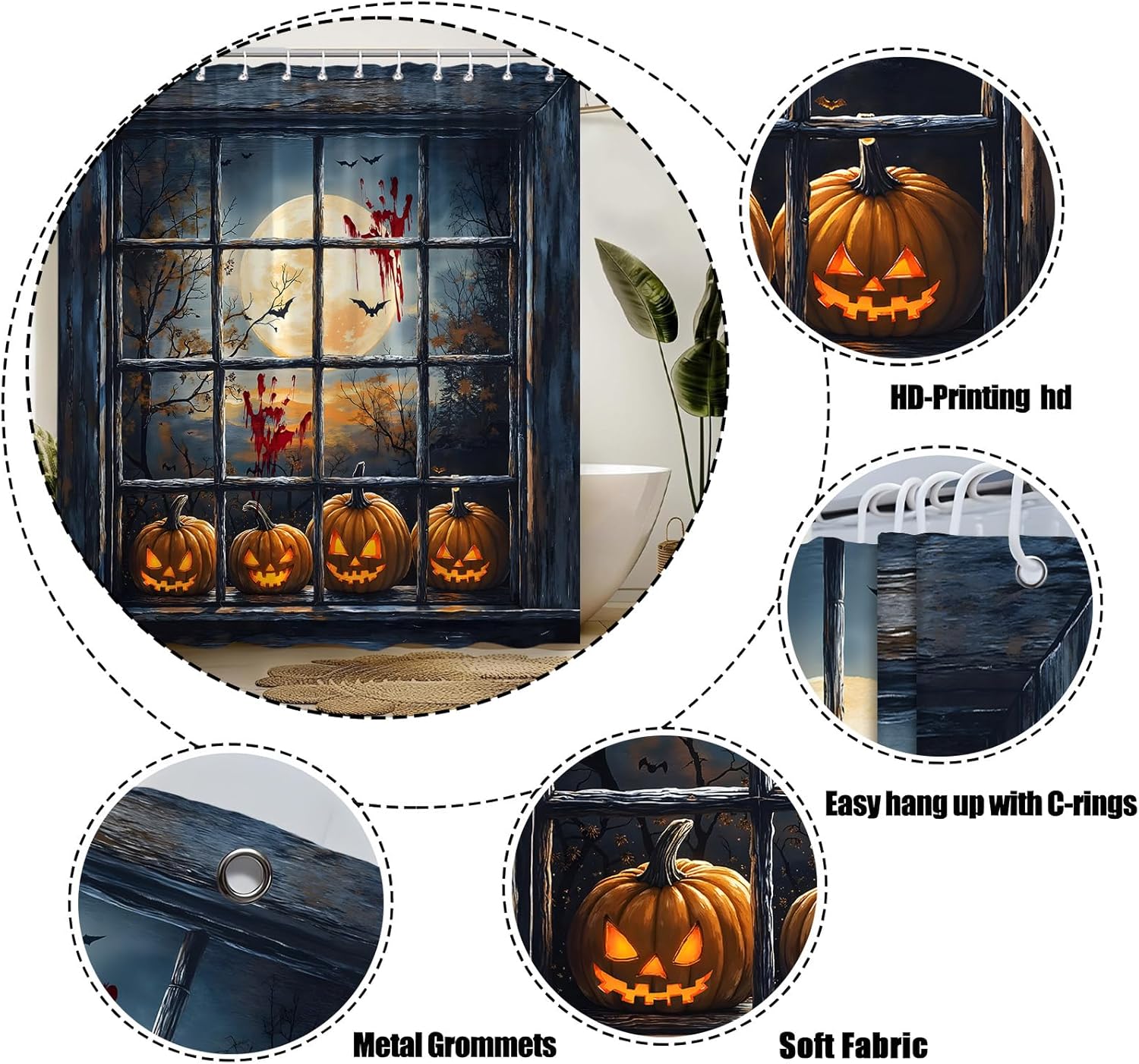 Halloween Extra Long Shower Curtain,Gothic Decor for Bathroom,Pumpkin Scary Spooky Haunted House Bloody Handprint Moon Night Blue Orange Fabric Curtain with Hooks,70x78 Inch
