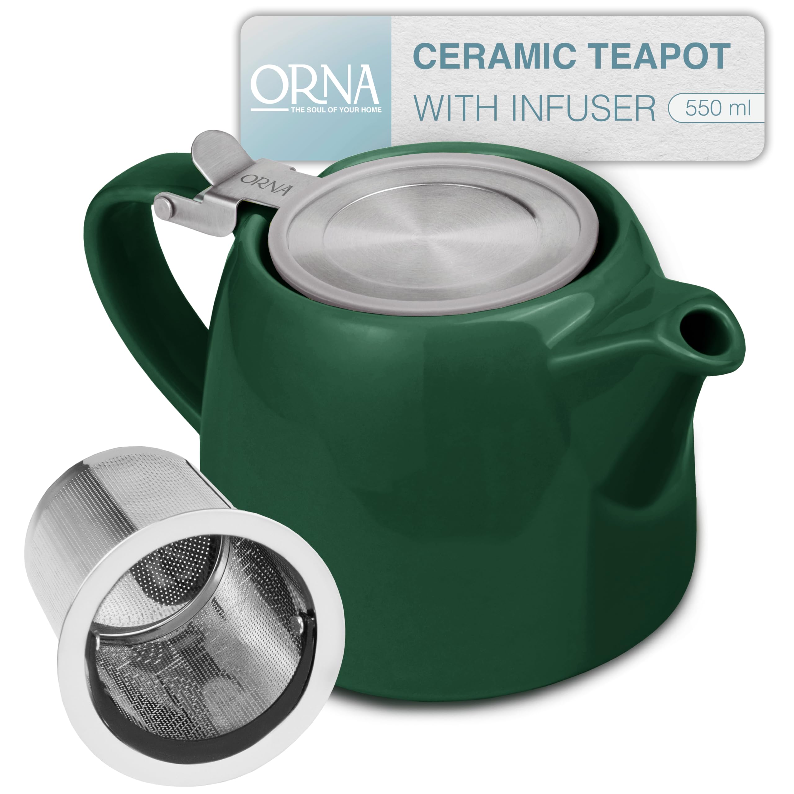 ORNA Teapot with Infuser – 550ml / 18.6 oz Ceramic Teapot with Strainer for 2 Cups – Small Tea Pot Infuser for Loose Tea – Stump Herbal Tea Pot with Filter for One – Forest Green